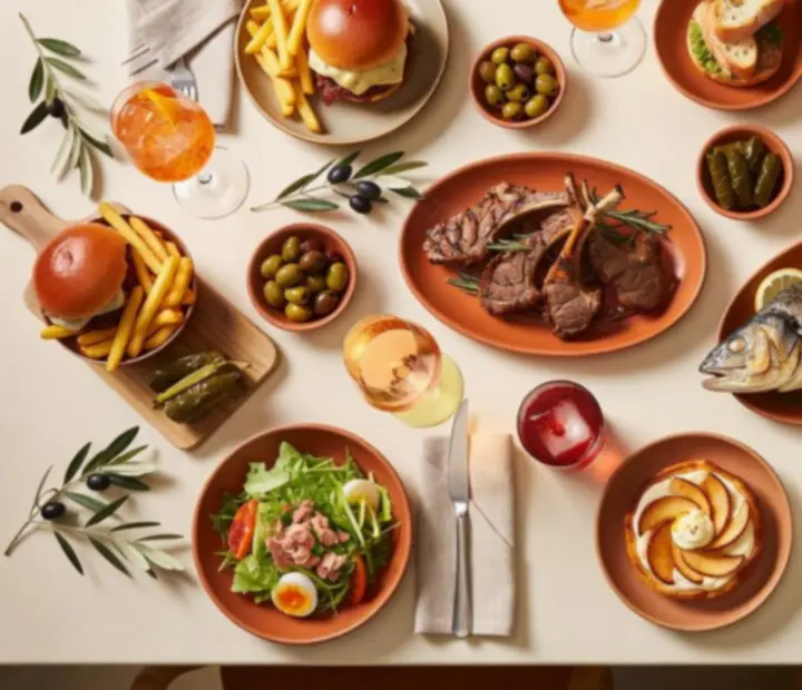 Assortiment de plats méditerranéens contemporains dressés sur une grande table