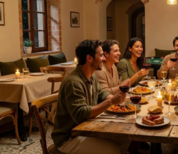Groupe d'amis réunis autour d'une table au restaurant Savryxel lors d'une soirée poker et dîner.