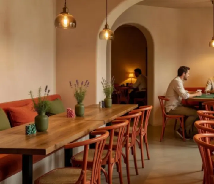 Intérieur lumineux du restaurant Savryxel avec grandes tables, fauteuils terracotta et espace lounge