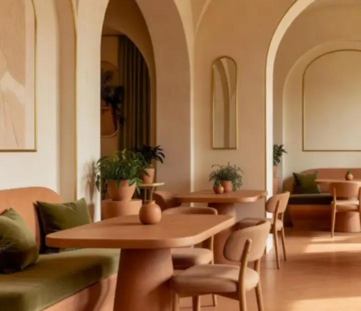 Intérieur baigné de lumière avec murs crème, mobilier terracotta et détails olive