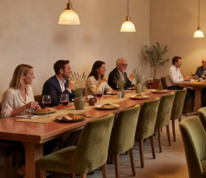 Salle principale du restaurant Savryxel avec grandes tables, murs crème et accents terracotta