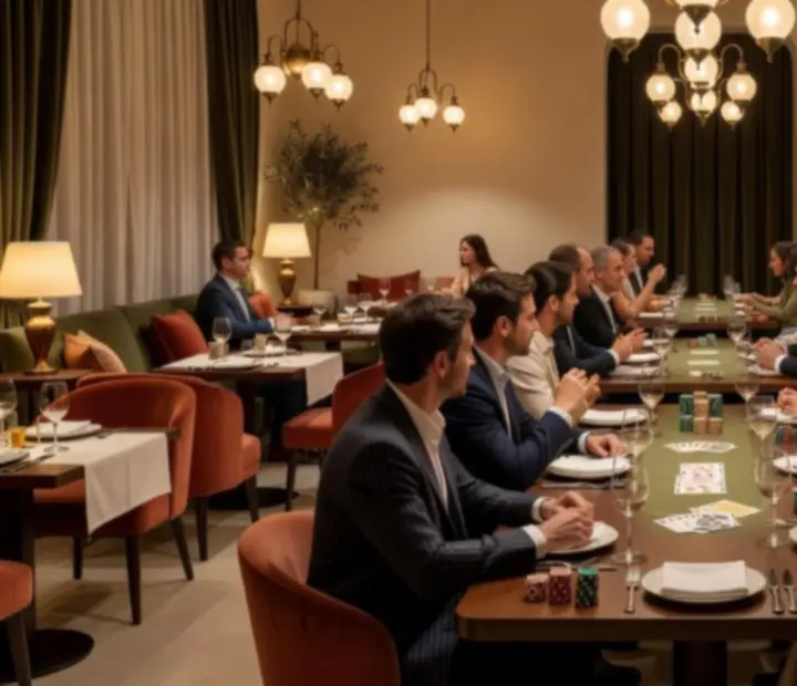 Ambiance de soirée poker offline dans le restaurant Savryxel, avec grandes tables, cartes et lumière feutrée.